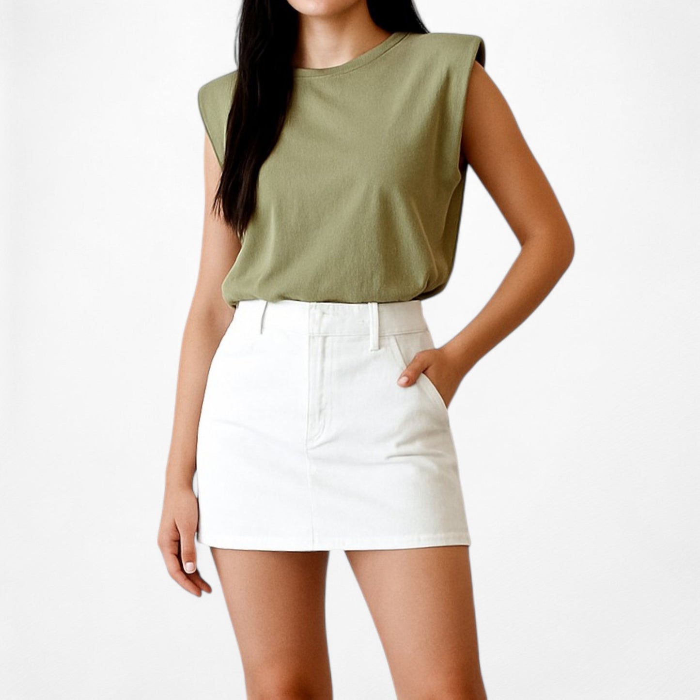 Mango Olive Green Sleeveless Padded Shoulder Knit Shirt Tank Top Size XS/S