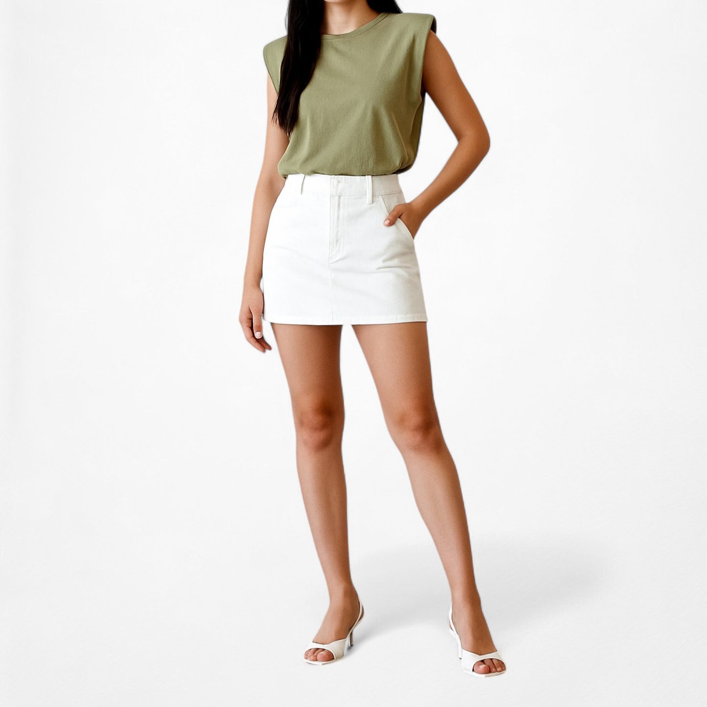 Mango Olive Green Sleeveless Padded Shoulder Knit Shirt Tank Top Size XS/S