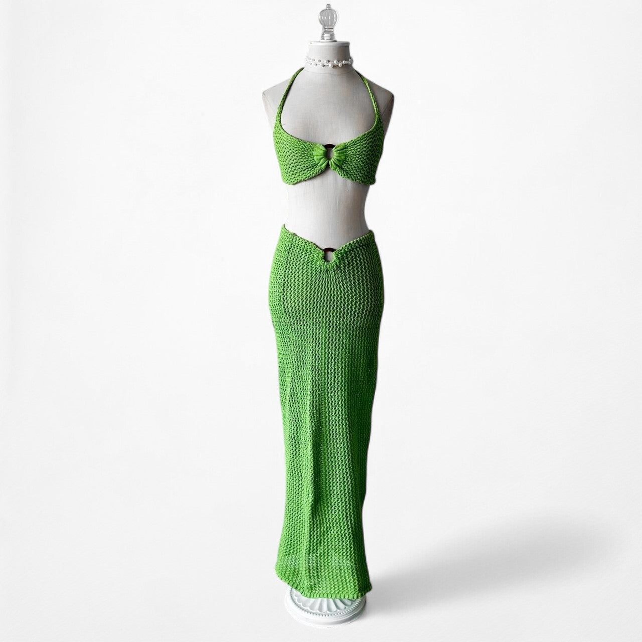 Nakd Green Crochet Bandeau Maxi Bodycon Skirt Two Piece Cover Up Set Size S