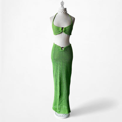 Nakd Green Crochet Bandeau Maxi Bodycon Skirt Two Piece Cover Up Set Size S