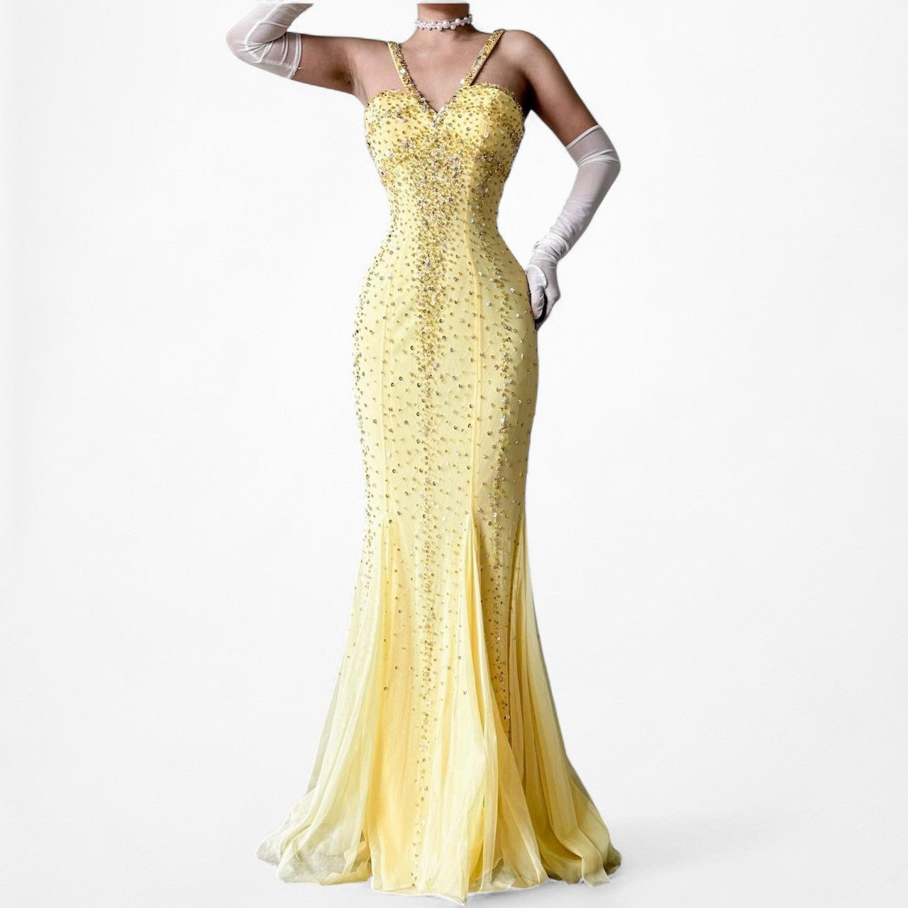 Vintage Yellow Beaded Mesh Bodycon Maxi Prom Dress Size XS/S