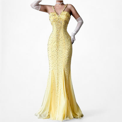 Vintage Yellow Beaded Mesh Bodycon Maxi Prom Dress Size XS/S