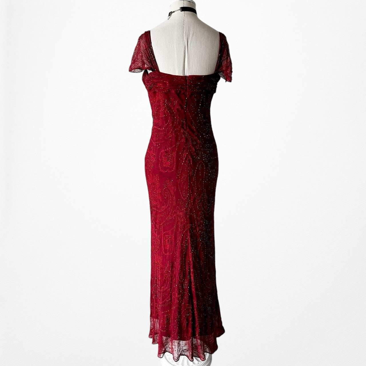 Vintage Red Beaded Fit Flared Silk Bodycon Maxi Prom Scarf Dress Size S/M