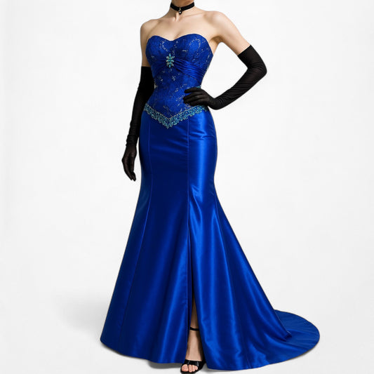 Vintage Blue Strapless Lace Beaded Side Slit Bodycon Maxi Prom Dress Size M