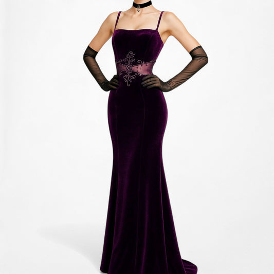 Vintage Purple Velvet Cutout Mesh Beaded Maxi Bodycon Prom Dress Size L