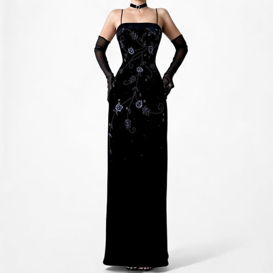 Vintage Black Velvet Floral Beaded Maxi Bodycon Dress Size S