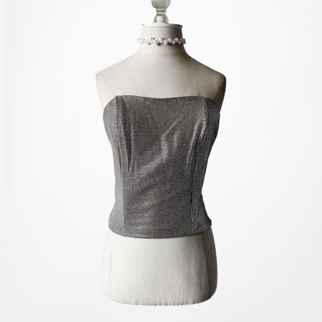 Fashion Nova Silver Gray Metallic Bustier Corset Rhinestone Crop Top Size M