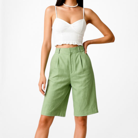 Zara Pastel Green High Waisted Casual Knee Length Bermuda Shorts Size XS/S