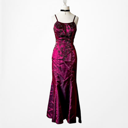 Vintage Burgundy Red Satin Beaded Fit Flared Maxi Prom Dress Size S