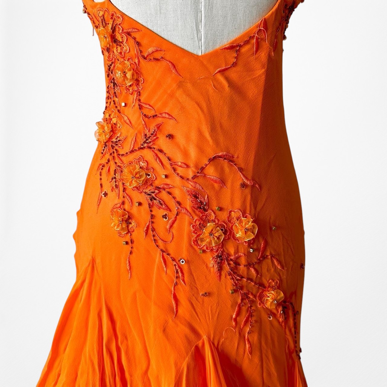 Orange Silk Floral Applique Beaded Tulle Fit Flared Midi Prom Dress Size S