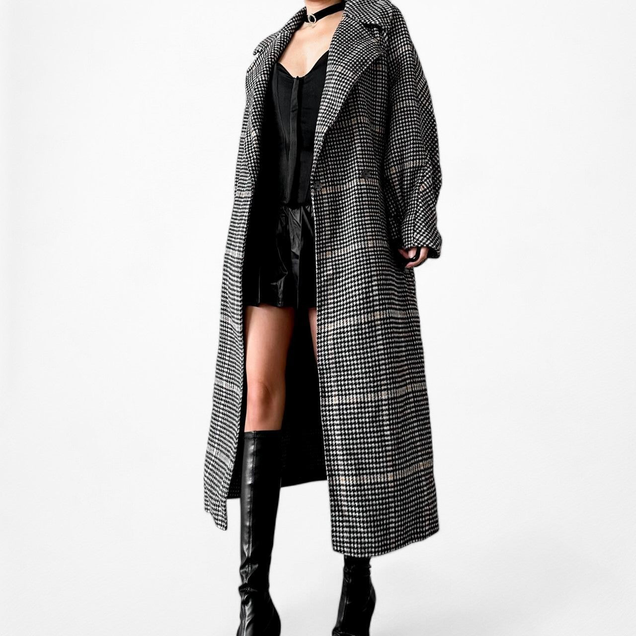 Zara Gray Checkered Plaid Oversized Wool Waist Tie Trench Style Jacket Coat