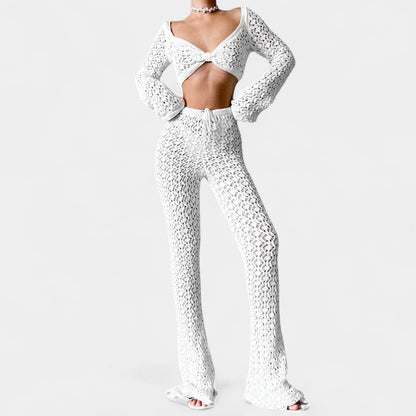 Nakd White Crochet Long Sleeve Crop Top Flared Pants Two Piece Set Size XS/S