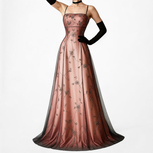 Vintage Pink Brown Floral Beaded Mesh Fit Flared Maxi Formal Prom Dress Size S/M