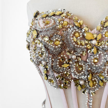 Vintage Pastel Pink Strapless Rhinestone Beaded Maxi Prom Dress Size XS