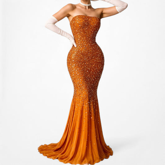 Vintage Orange Strapless Silk Sequin Maxi Bodycon Formal Prom Dress Size M