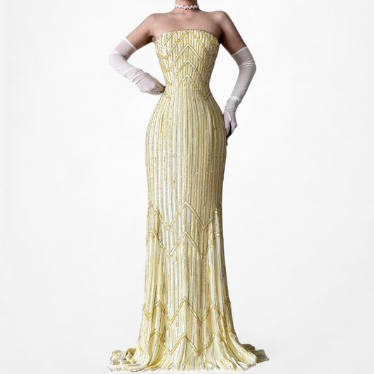 Vintage Pastel Yellow Strapless Beaded Maxi Bodycon Formal Prom Dress Size X/XL