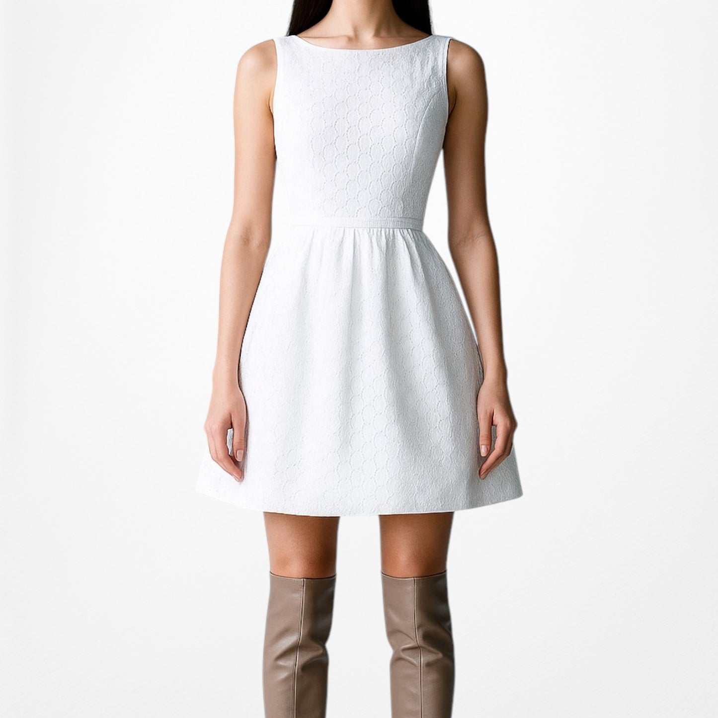 Kasper White Sleeveless Lace Pleated Knee Length Flared Skater Dress Size 4/S/M