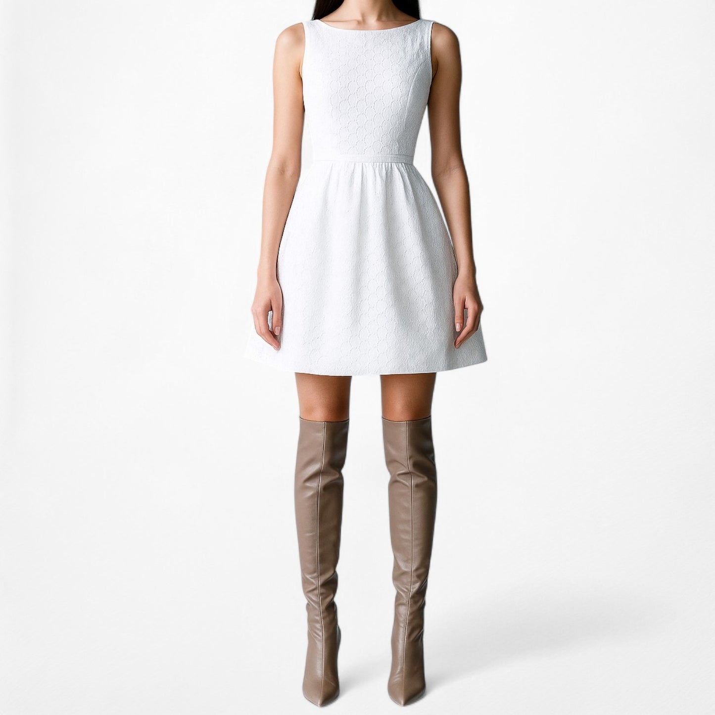 Kasper White Sleeveless Lace Pleated Knee Length Flared Skater Dress Size 4/S/M