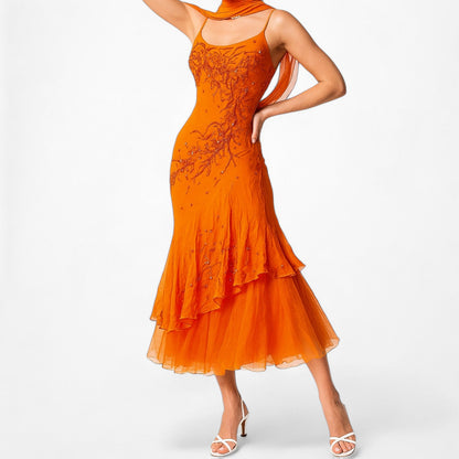 Orange Silk Floral Applique Beaded Tulle Fit Flared Midi Prom Dress Size S