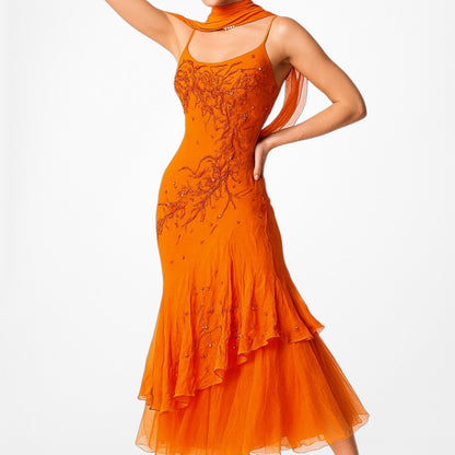 Orange Silk Floral Applique Beaded Tulle Fit Flared Midi Prom Dress Size S