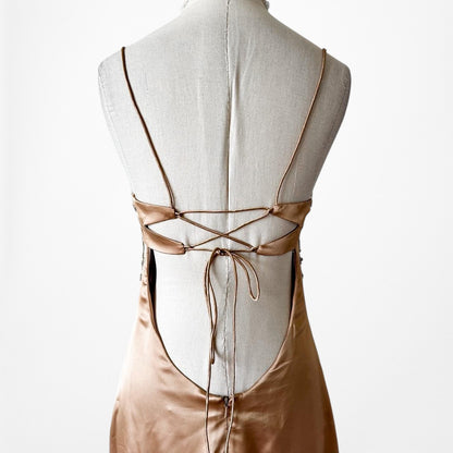 Vintage Brown Silk Beaded Flared Side Slit High Low Maxi Prom Dress Size S/M