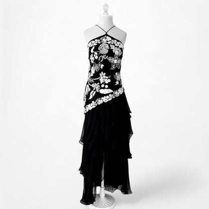 Black White Silk Floral Beaded Ruffle Fit Flared Maxi Prom Dress Size S