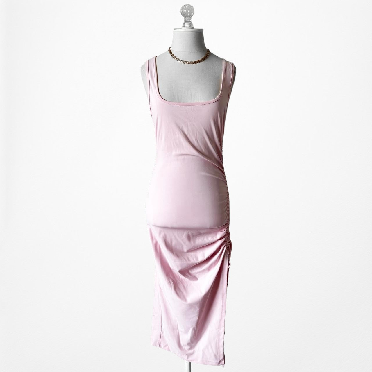 Pastel Pink Knit Pleated Bodycon Midi Side Slit Cocktail Casual Dress Size S/M