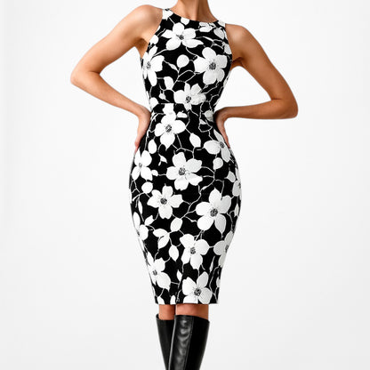 Roz Ali Black White Floral Pleated Flared Knee Length Cocktail Dress Size M