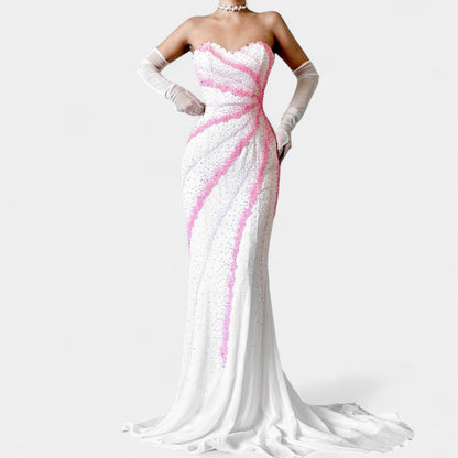 Vintage White Pink Beaded Strapless Bodycon Maxi Prom Dress Size S/M