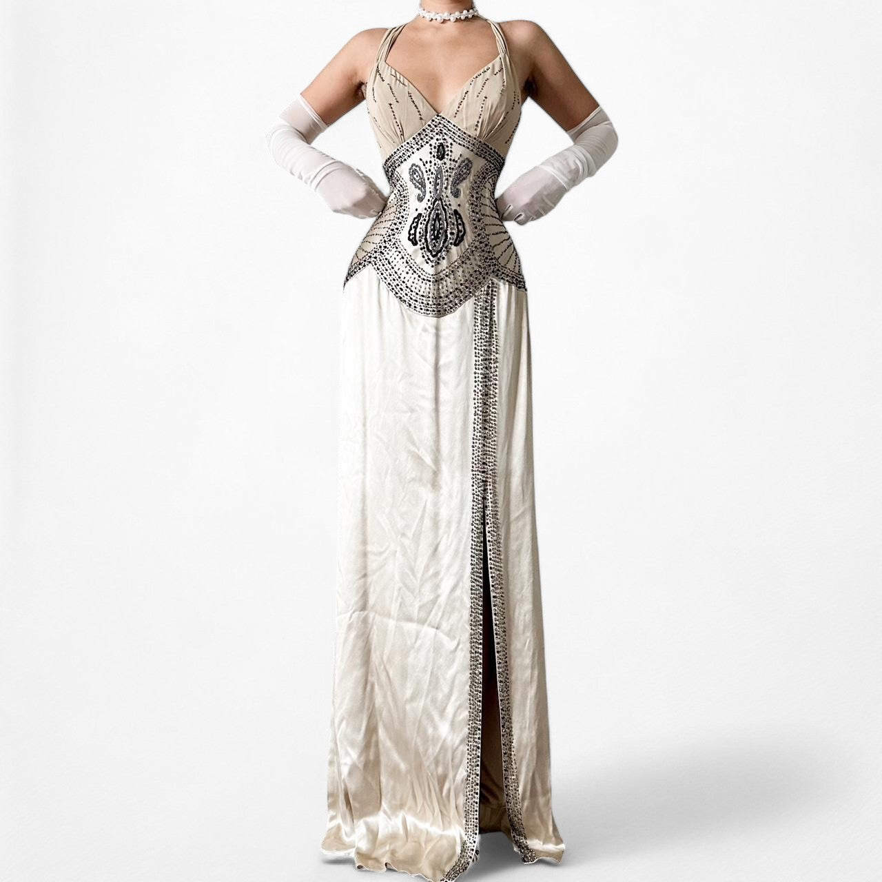 Vintage Ivory Beige Silk Beaded Bodycon Side Slit Maxi Prom Dress Size S/M