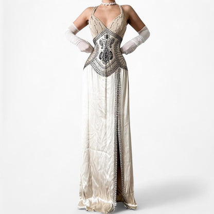 Vintage Ivory Beige Silk Beaded Bodycon Side Slit Maxi Prom Dress Size S/M