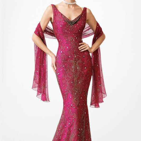 Vintage Y2K Pink Beaded Cowl Neck Silk Bodycon Maxi Prom Dress Size M