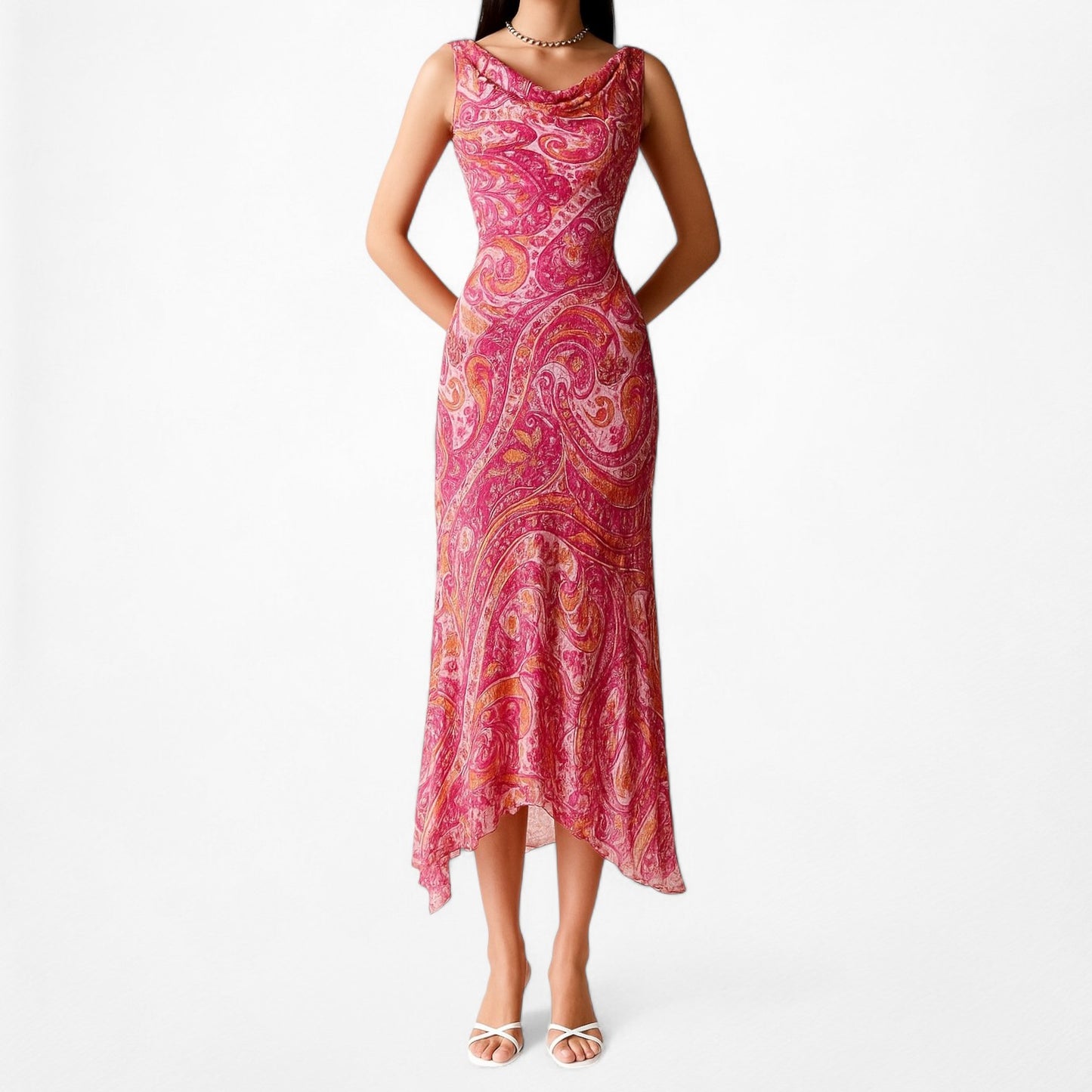 Vintage Pink Paisley Print Silk Sleeveless Beaded Ruffle Midi Cocktail Dress Size S/M