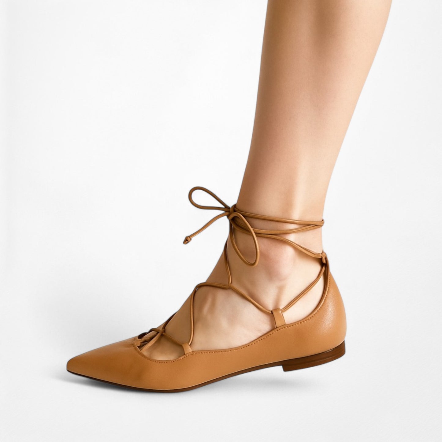 Zara Nude Beige Brown Faux Leather Lace Up Ballet Flats Size 6