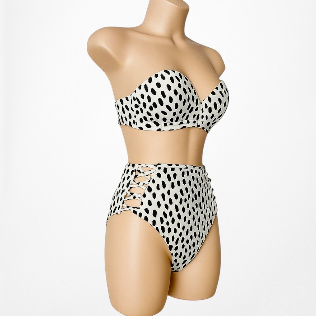 White Black Polka Dot High Waisted Cutout Strapless Two Piece Swimsuit Size XS/S