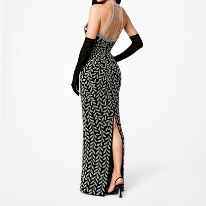 Vintage Black White Silk Floral Beaded Maxi Bodycon Formal Cocktail Dress M