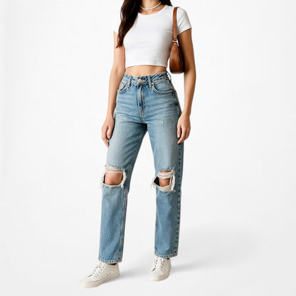 Zara Blue Distressed Destroyed Medium Wash Ripped Knee High Waisted Mom Jeans XS