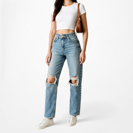 Zara Blue Distressed Destroyed Medium Wash Ripped Knee High Waisted Mom Jeans XS