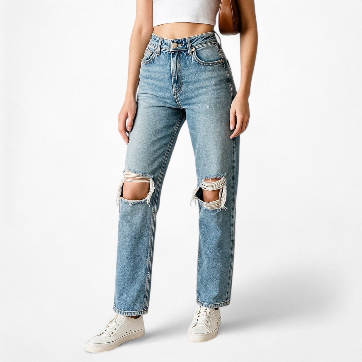 Zara Blue Distressed Destroyed Medium Wash Ripped Knee High Waisted Mom Jeans XS