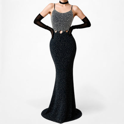 Vintage Blue Silver Cutout Beaded Maxi Bodycon Cocktail Formal Prom Dress M/L