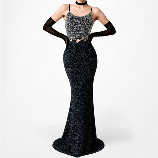 Vintage Blue Silver Cutout Beaded Maxi Bodycon Cocktail Formal Prom Dress M/L