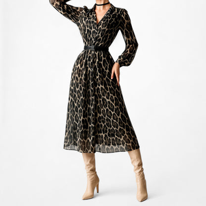 Anne Klein Brown Animal Leopard Print Long Sleeve Knee Length Shift Dress Size M