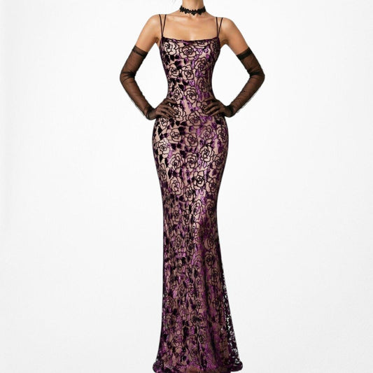 Vintage Purple Floral Lace Velvet Mesh Bodycon Maxi Cocktail Formal Dress Size S