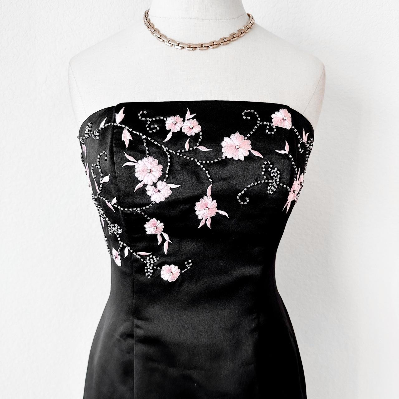 Vintage Black Pink Floral Beaded Satin Strapless Bodycon Maxi Formal Prom Dress Size S