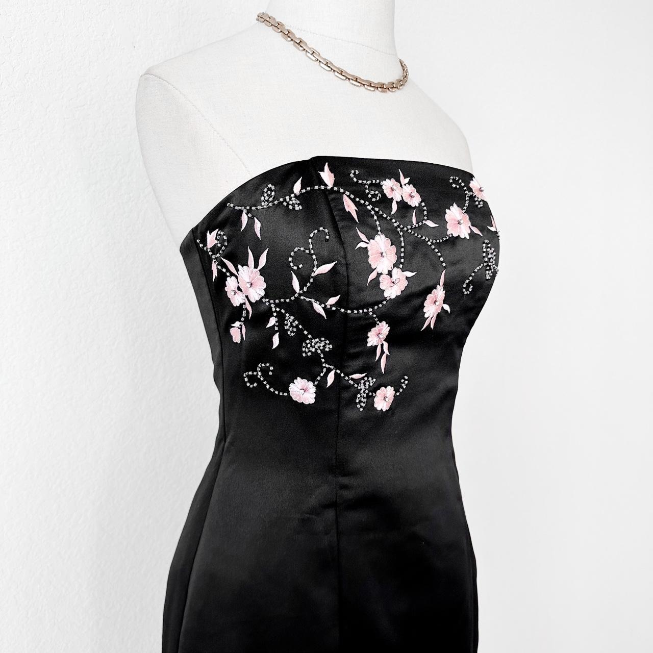 Vintage Black Pink Floral Beaded Satin Strapless Bodycon Maxi Formal Prom Dress Size S