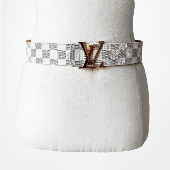 Gray White Gold Hardware Plaid Checkered Louis Vuitton Leather Belt Size 80/32