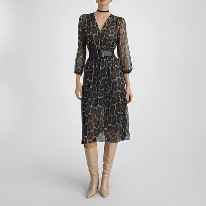 Anne Klein Brown Animal Leopard Print Long Sleeve Knee Length Shift Dress Size M