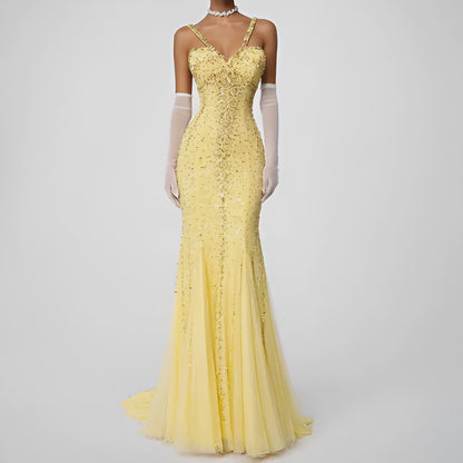 Vintage Yellow Beaded Mesh Bodycon Maxi Prom Dress Size XS/S