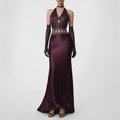 Vintage Brown Silk Cutout Beaded Halter Maxi Prom Dress Size S