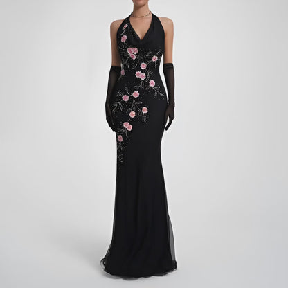 Black Pink Floral Beaded Silk Mesh Fit Flared Slip On Cocktail Formal Dress Size M/L